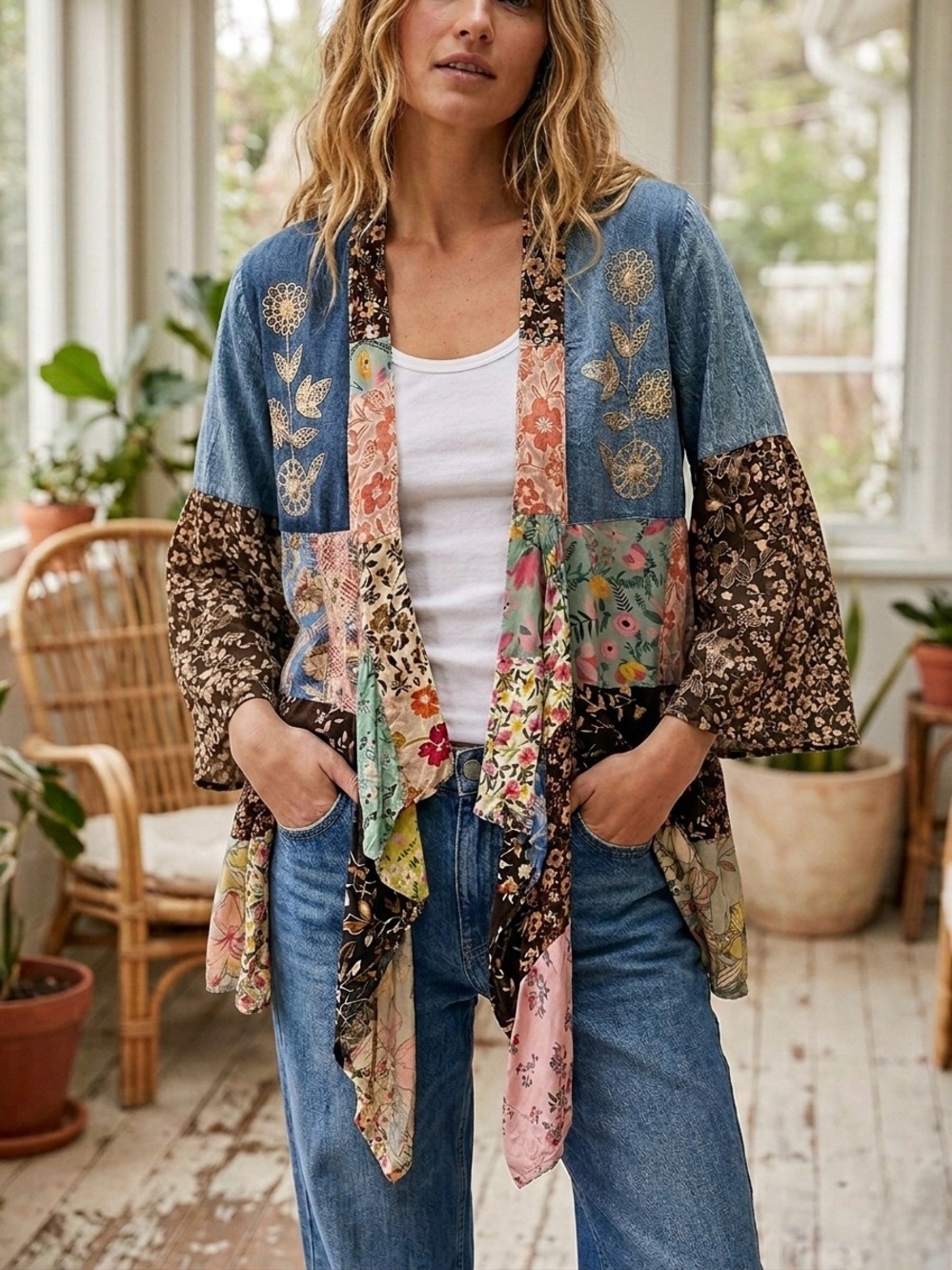 YOUNG THREAD PATCHWORK FLORAL CARDIGAN size M